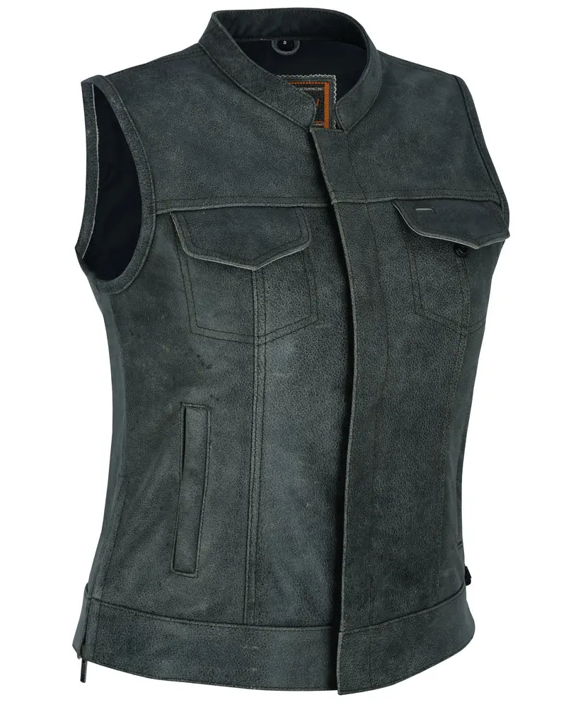 DANIEL SMART Women's Durable Granite Leather Motorcycle Vest - 1.1-1.2mm Soft Premium Drum-Dyed Gray, V-Neck, White Heavy Duty Thread, Leather Laces, Concealed Pockets, Zipper, Custom Embroidery, Breathable Mesh, XS-5XL Sizes