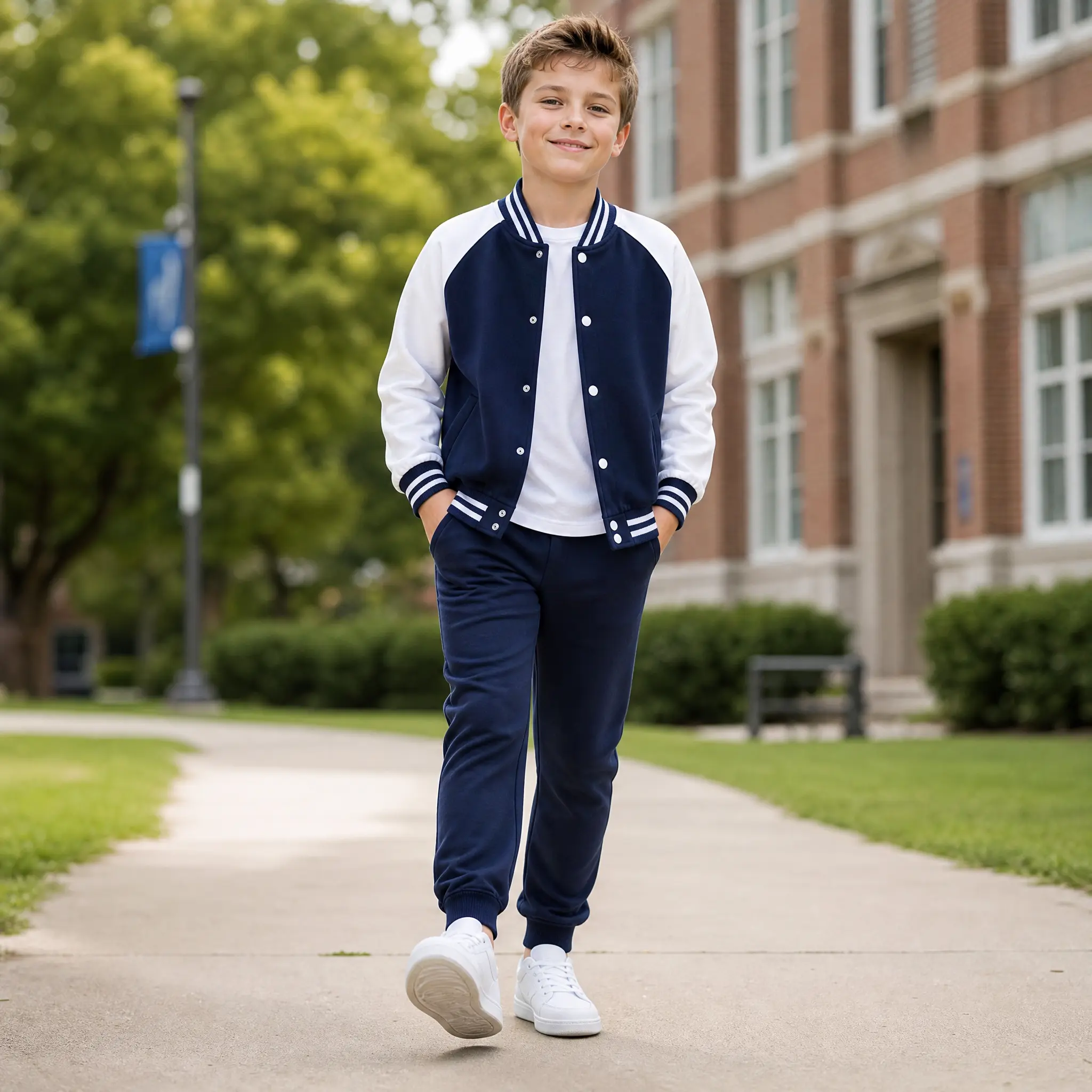 Boys' 2-Piece Varsity Baseball Letterman Bomber Windbreaker Set - Lightweight Casual Wear, Snap Button Jacket & Trousers, Safe Material, Solid Colors, Bomber Jacket, Varsity Look