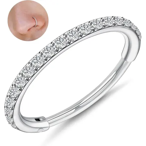 Milacolato G23 Titanium 20G Cubic Zirconia Nose Ring Hoop - 8mm Paved Hinged Clicker, Secure Clasp, Hypoallergenic Nickel-Free Lead-Free, Tarnish-Resistant, Women's Body Jewelry for Sisters, Septum/Cartilage/Ear Lobe Piercings, Birthday Gift