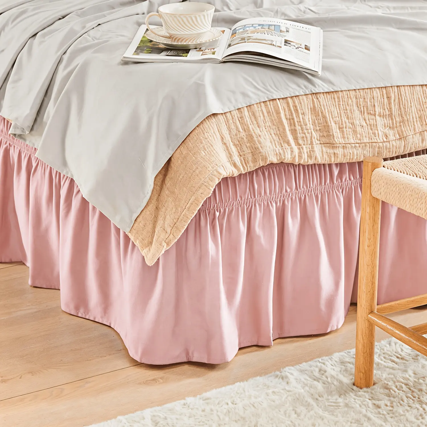 Leafy Sleep Elastic Bed Ruffle, Easy Wrap Around Ruffle, Microfiber Bed Skirt with Adjustable Elastic Belt 15 Inch Tailored Drop, Hotel Quality Bed Skirt, Fade Resistant, Easy Fit, Machine Washable