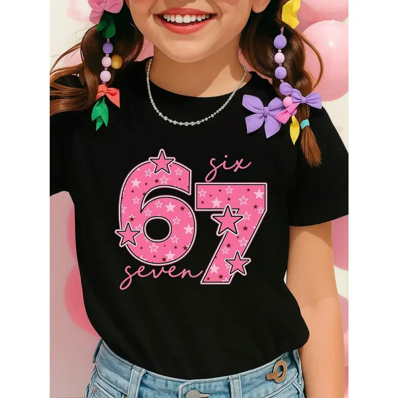 Kids 67 Meme Hand Sign Christmas Y2K Pink Stars Number Six Seven 100% Cotton Graphic Tees, Merry Christmas Girls Winter Clothes, Girls Christmas Outfit, Funny Couples Six Seven Shirt, 67 Hoodie, 67 Christmas Shirt,Perfect Gift For Thanksgiving Christmas
