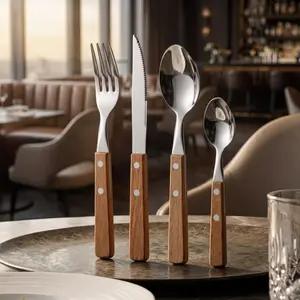 SongTai Stainless Steel Dinner Knife Fork Spoon Set with Rosewood Handle Steak Knife Flatware Set for Western Dining Rustic Brown