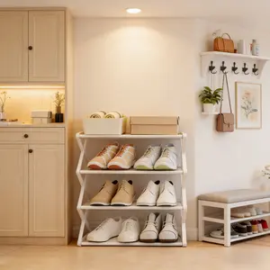 4 Layer Foldable Shoe Rack, Space Saving Storage Solution, X Frame Vintage Style, No Assembly Needed, for Porch, Closet, Kitchen, Shoe Rack Organizer