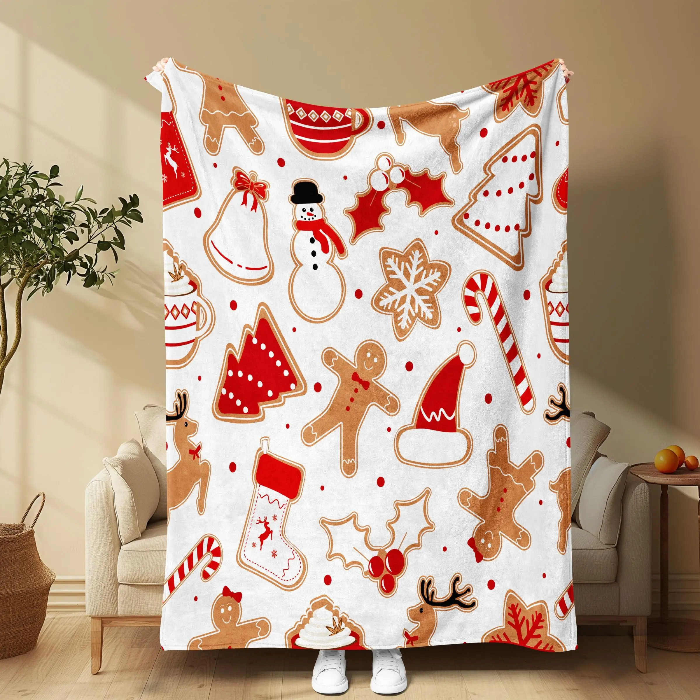 Christmas Themed Blanket, 1 Count Soft Comfortable Warm Nap Throw Blanket, Air-conditioned Room Blanket for Home Office Travel Camping
