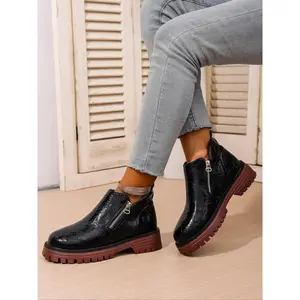 Women's Fashionable Brown Leather Ankle Boots, Side - Zippered with Chunky Lug Sole, Anti - Slip & Shock - Absorbing Footwear, Ideal for Daily Commutes, Casual Outings and Urban Adventures, Trendy Female Short Boots