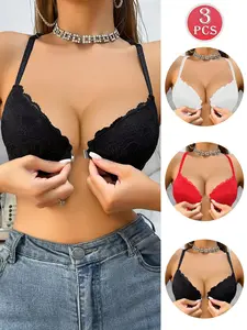 Mimilemon Front Closure Bra Set of 3 Black White Red Lace Push Up Comfortable Bra for Women Everyday Lingerie Elegance Style Aesthetics Womenswear Outfits Clothes Soft Elegant Basic Minimalist Polyamide Material