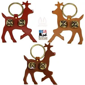 LEATHER RUDOLPH DOOR CHIME with CRYSTAL NOSE & BRASS SLEIGH BELLS - Amish Handmade in USA