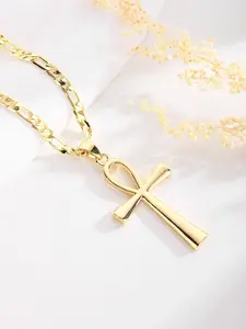 Fashion Ankara Cross Pendant Necklace, Classic Vintage Smooth Copper Plated 14k Gold Prayer Charm Religious Jewelry Ankh Cross Pendant