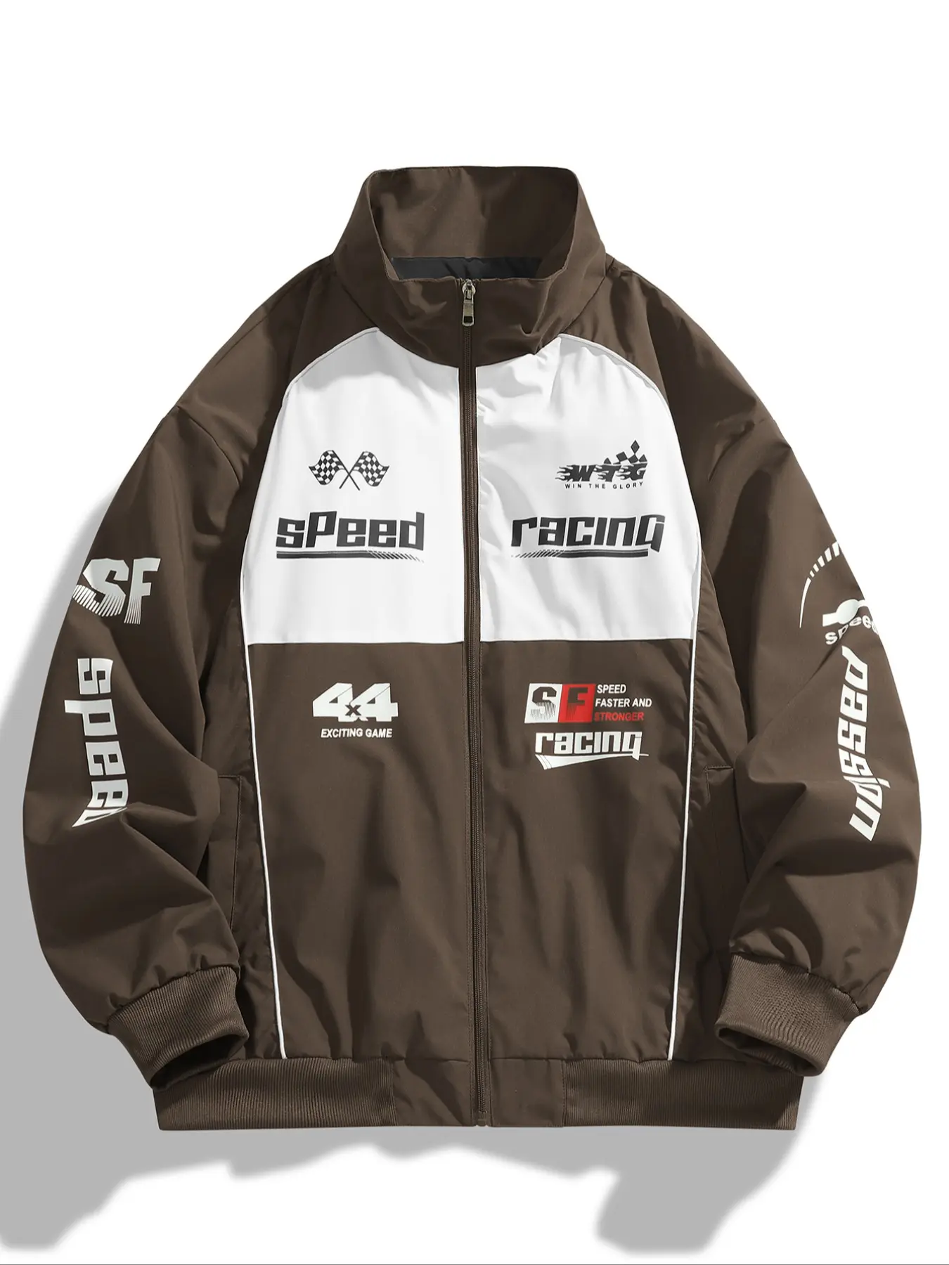 Men's M&m Racing Sport Jacket, Menswear Vintage Moto Style Patchwork Bomber Coat, Streetwear Track Graphic Letter Print Fitted Long Sleeve Baseball Jacket, 2000s Speed Racing Design Pockets Aesthetic Athletic, Casual Racing Jacket