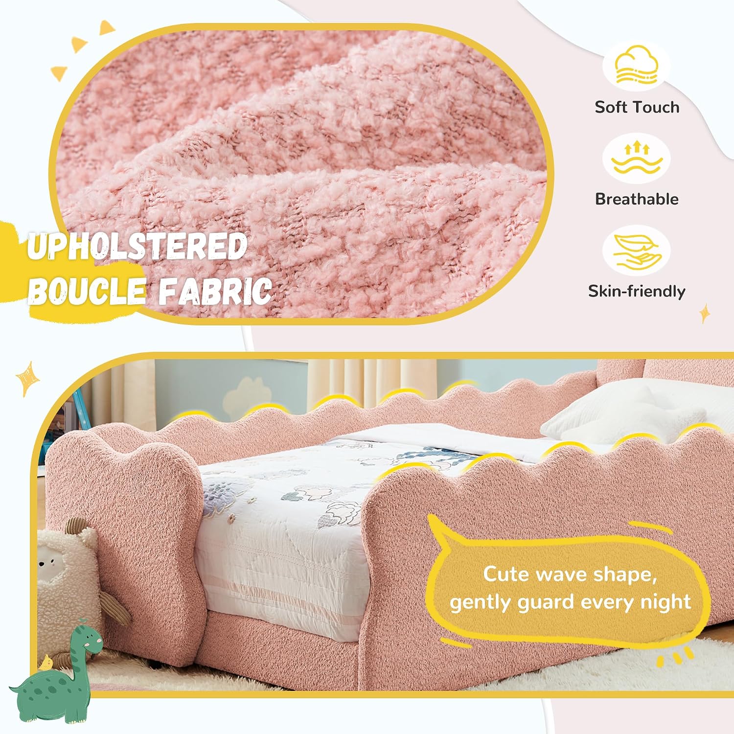 Twin Size Kids Daybed with Dinosaur-Shaped Headboard, Upholstered Boucle Fabric Bed with Safety Guardraild, Cute Kids Daybed for Girls Boys, Pink Twin Size Kids Daybed with Dinosaur-Shaped Headboard, Upholstered Boucle Fabric Bed with Safety Guardraild, Cute Kids Daybed for Girls Boys, Pink