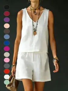 2026 New Arrival Cotton Linen Fashion Casual Tank Top and Shorts Set for Women, Spring Summer, Comfortable, Breathable and Stylish