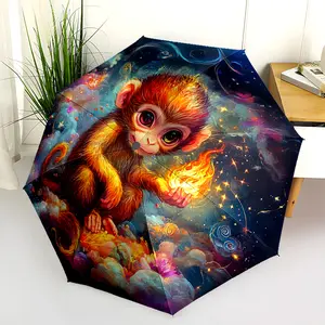 1 PC Automatic Folding Umbrella - Magical Monkey Holding Fire Pattern, Portable & Foldable Design with 8 Ribs, Merry Christmas Pattern,Casual Outdoor Accessory Halloween and Christmas Birthday Gifts. F0055