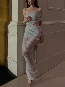 Women's Elegant Mesh Dress, Breathable, Sexy Hollow Out Waist Design, Slim-Fitting Bodycon Dress, Plain Pattern, Sleeveless Style, Perfect for Parties