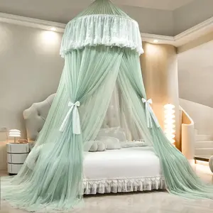 Princess Bed Canopy for Girls – Double Layer Sheer Mesh Dome with Romantic Lace Trim, Dreamy Mosquito Net Tent for Twin/Full/Queen/King Beds(Mint Green)