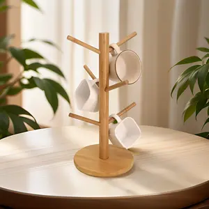 Mug Tree,Coffee Cup Holder with 6 Hooks,Wood Mug Holder for Counter,Coffee Bar Accessories and Orgnizer station (Natural)