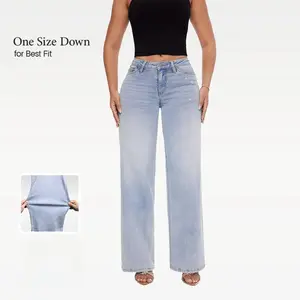 Magic ONESO Plus Size Mid-low Rise Baggy Jeans Wide Leg for Women Distressed Pants Stretchy Light Blue/Dark Blue Womenswear Bottom 8001 Lady Basic Minimalist Comfortable Denim Tummy Control Curve Hugging