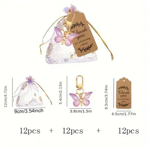 36pcs Party Favor Keychain Set – Purple Butterfly Design, Includes 12 Keychains, 12 Cards, 12 Yarn Bags, Ideal for Birthday, Wedding, Gender Reveal