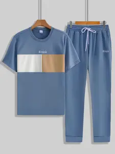 Men's 2-Piece Blue Color-Block, Outfit, Casual Outdoor Set - Short-Sleeve T-Shirt (White & Tan), Matching Drawstring Jogger Pants, Soft Lightweight Breathable Fabric, Fitted Relaxed Fit, Ideal for Park Strolls, Neighborhood Errands & Casual Hangouts