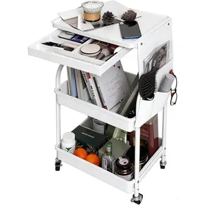 3 Tier Rolling Cart with Wheels and Drawers,Organizer Cart with Bag & Silent Casters for Nail Art, Makeup, Book, Nursery, Dorm Room and, White