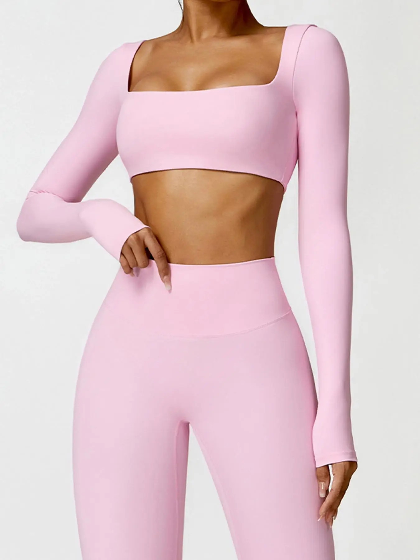 Women's Solid Square Neck Crop Sports Tee, Sporty Tight-fitting Long Sleeve T-shirt for Yoga Gym Workout, Ladies Sportswear for All Seasons