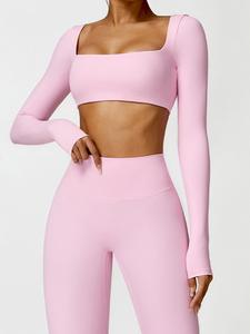 women's solid square neck crop sports tee, sporty tight-fitting long sleeve t-shirt for yoga gym workout, gym tops ladies sportswear for all seasons, cute gym clothes, running training top, casual activewear, soft tops, sports clothing, gymswear