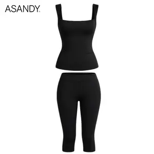 ASANDY Halter 2 Piece Set for Women, Stretchy Slim Fit Tank Top and Capris, Matching Athleisure Workout Outfit for Summer, Two Piece Set, Women's 2 Piece Set
