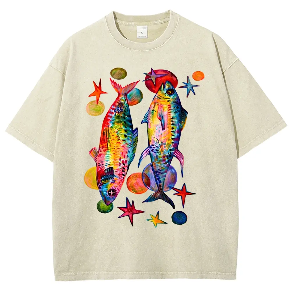 Retro Hand Painted Pisces Fish Graphic Vintage Tee 90s Graphic Tees Men's t Shirts Graphic Tee t Shirts Funny Graphic Tee Good Graphic Tees Men's Graphic Tees Streetwear Outfits Men Vacation Outfits Oversized Tshirt Men