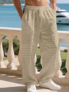 Men's American Style Loose Pleated Linen Pants, Casual Loose Fit with Pockets, Spring & Fall Beach Vacation Lightweight Long Pants