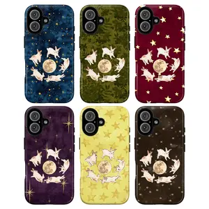 Moon Rabbit Phone Case, Celestial Rabbits Dancing Around Full Moon on Starry in Blue Red Purple and Gold Tones, Baddie Aesthetic Gift Fashion Vibes Trending Now For iPhone 17 16 15 14 13 12 Pro Max Plus X, Samsung Galaxy S25 S24 S23 S22 S21 Ultra