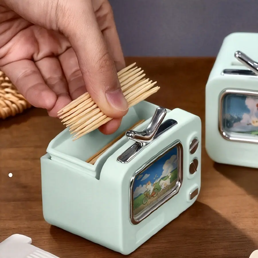 Retro TV Design Automatic Pop-Up Toothpick Holder, 1pc with 1 Pack of Toothpicks, Multi-Colored Home Organizer Storage Box
