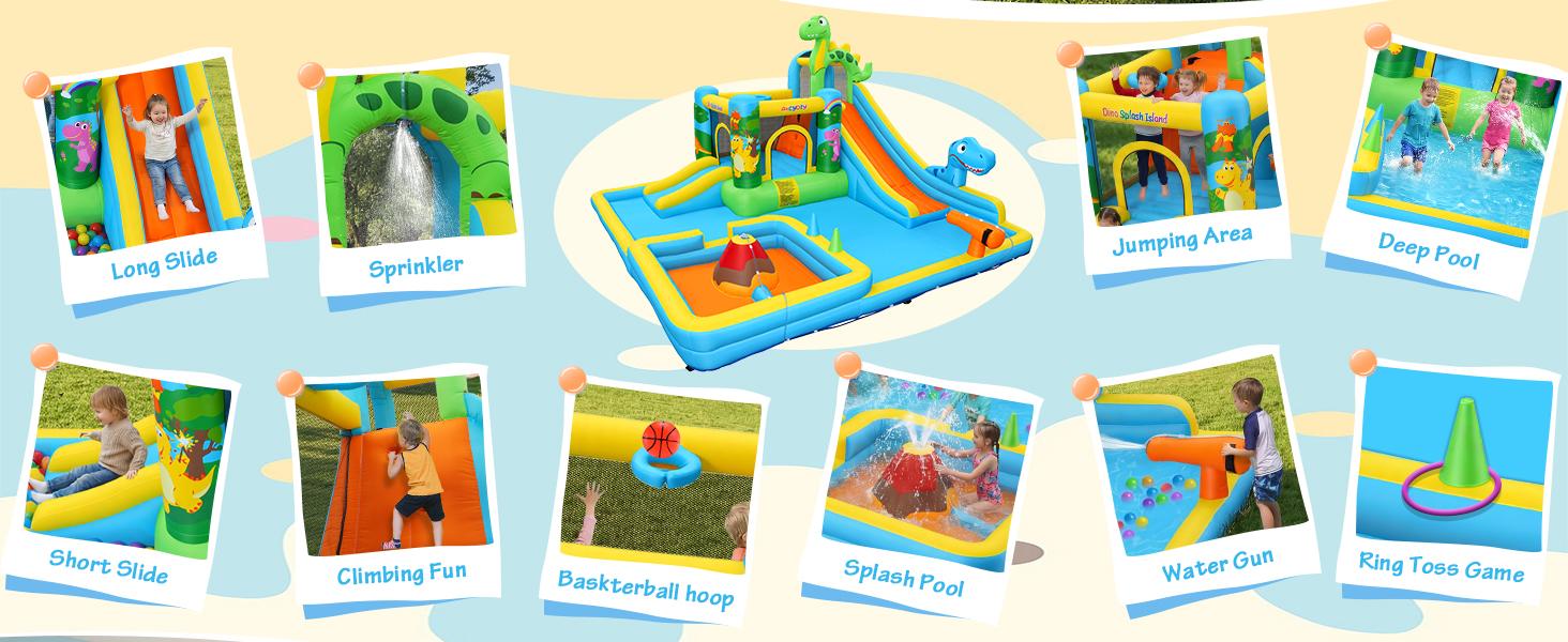 AKEYDIY Inflatable Water Slide,10 in 1 Dinosaur Themed Inflatable Water Slide,Bouncy Castle with Water Cannon, Dino Pool, Climbing Wall, Basketball Hoop, Backyard Water Park for Kids,550W Blower Included,Bounce House for BIg Kids