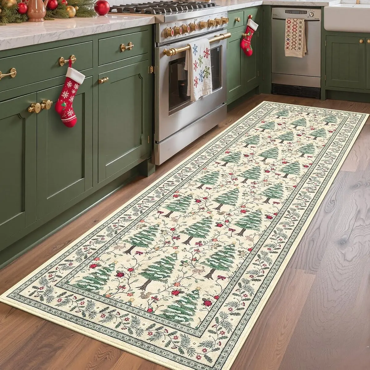 Christmas tree pattern carpet, kitchen carpet, Christmas decorative floor mat, soft and comfortable area carpet, Christmas home decoration, multifunctional suitable for bathroom area, living room bedroom bedside, kitchen, Home Decorative Rug
