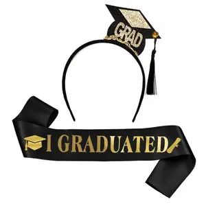 Graduation Headband and Shoulder Straps for Congrats Grad Party Supplies Bachelor Cap Headband with Doctoral Hat Black Sash Satin Tassels Tiaras for Graduation Party Dress up Favor Photo