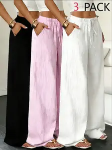 3-Pack Textured Wide-Leg Women Casual Pants, Loose-Fit All-Season Trousers, Trendy Drop-Waist Design, Perfect for Short Tops & Comfortable Wear