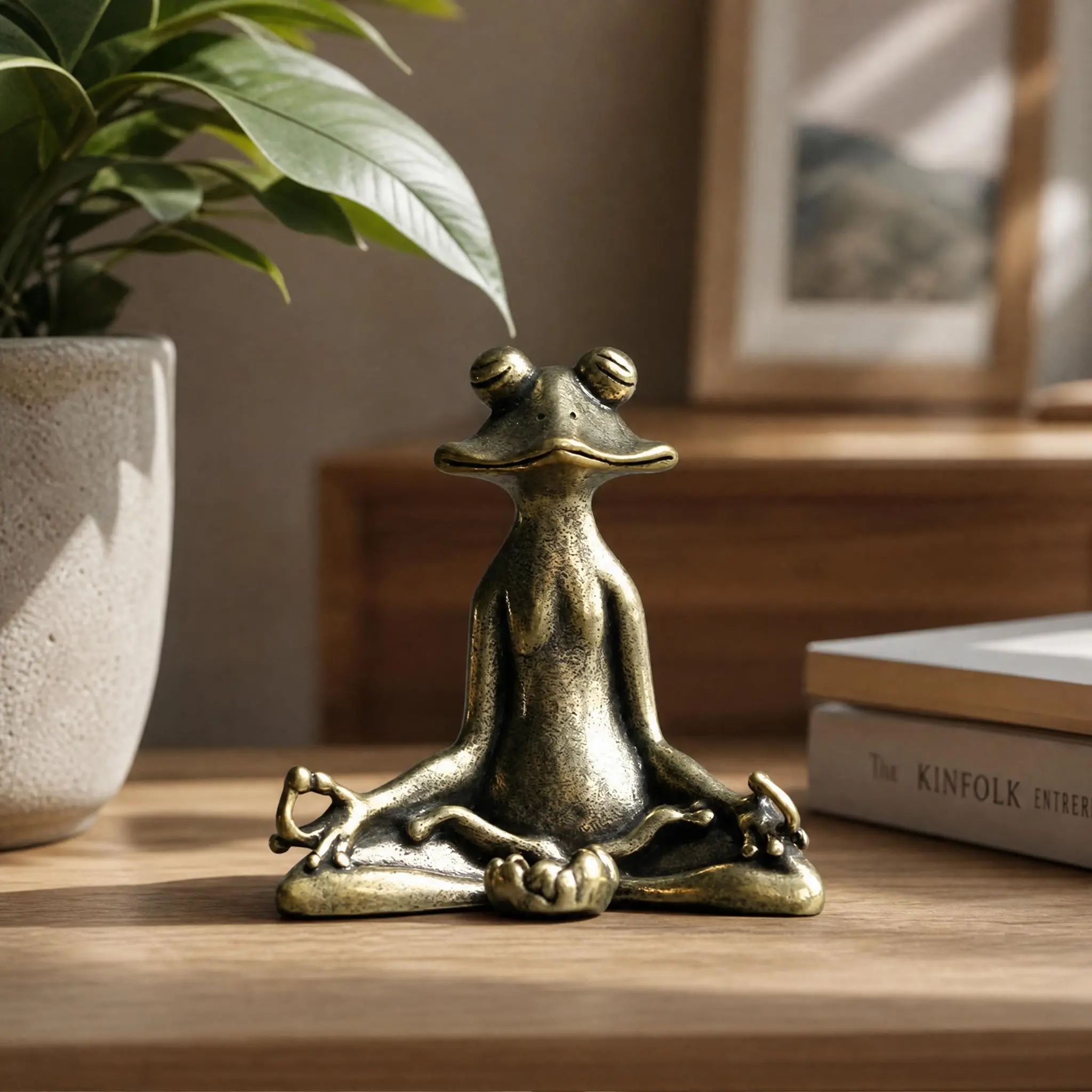 Vintage Bronze Resin Meditating Yoga Frog Statue, Zen Home Decor Ornament for Desk, Shelf Spiritual Meditation Accent
