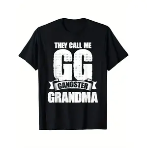 1pc Black Cotton "They Call Me GG Gangster Grandma" Graphic T-Shirt with Combed Design, Short Sleeve, Round Neck, Casual Fit for Women, Perfect Gift for Grandmothers, Humorous Apparel | Playful Graphic Tee | Cotton Fabric, Funny G