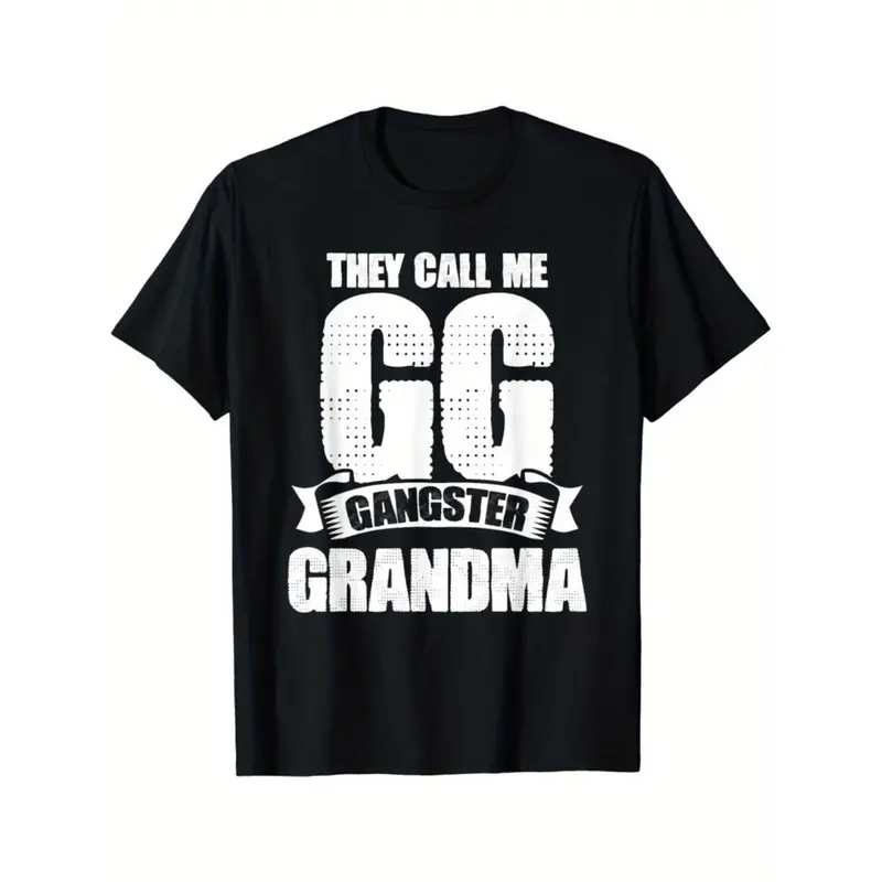 1pc Black Cotton "They Call Me GG Gangster Grandma" Graphic T-Shirt with Combed Design, Short Sleeve, Round Neck, Casual Fit for Women, Perfect Gift for Grandmothers, Humorous Apparel | Playful Graphic Tee | Cotton Fabric, Funny G