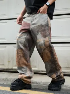 Men's 3D Printed Geometric Jeans Y2K Graffiti Denim Jeans, Loose Fit Wide Leg Street Vintage Washed Jeans, Casual All Season Clothing