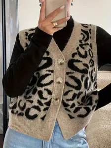 Women's Autumn Winter New Fashion Elegant V Neck Fitted Button Front Sleeveless Leopard Print Vest, Unique Design Casual Outerwear Tops Womenswear