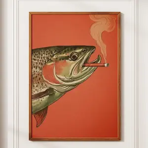 Unframed Art Poster: Animal Trout Bold Fish Smoking a Cigarette Vintage Poster, Artistic Funny Retro Whimsical Print, Cabin Wall Art Decor Illustration, a Unique Gift for Dad Modern Home Decoration Wood