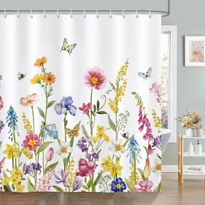 Yellow Floral Shower Curtain, Spring Wildflower Butterfly Plant Rustic Bathroom Decor Polyester Fabric Waterproof Bath Curtain with 12 Hooks