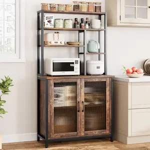 GARVEE Bakers Rack with Cabinet 5 Tier Microwave Stand 63.78" Microwave Storage Rack with Door Vintage Kitchen Utility Storage Shelf with Hooks Large Coffee Bar Station Kitchen (Cabinet 27.9" in)