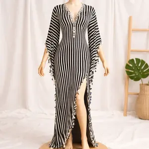 Striped Egyptian Galabeya Belly Dance Dress with V-Neck, Long Sleeves, and Fringe Details