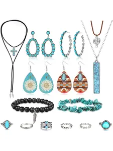 21 Pcs Turquoise Jewelry Bohemian Western Jewelry Set for Women Layered Turquoise Necklace Bracelets Vintage Western Dangle Earrings Teal Western Jewelry Boho Turquoise Jewelry Set for Women Cowgirls