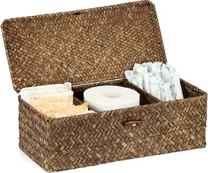 Seagrass Storage Basket with Lid Wicker Storage Baskets with Sections,Small Woven Shelf Basket for Toiletries Tampon, Seagrass Basket for Shelf Bathroom Toilet Table Counter,Coffee