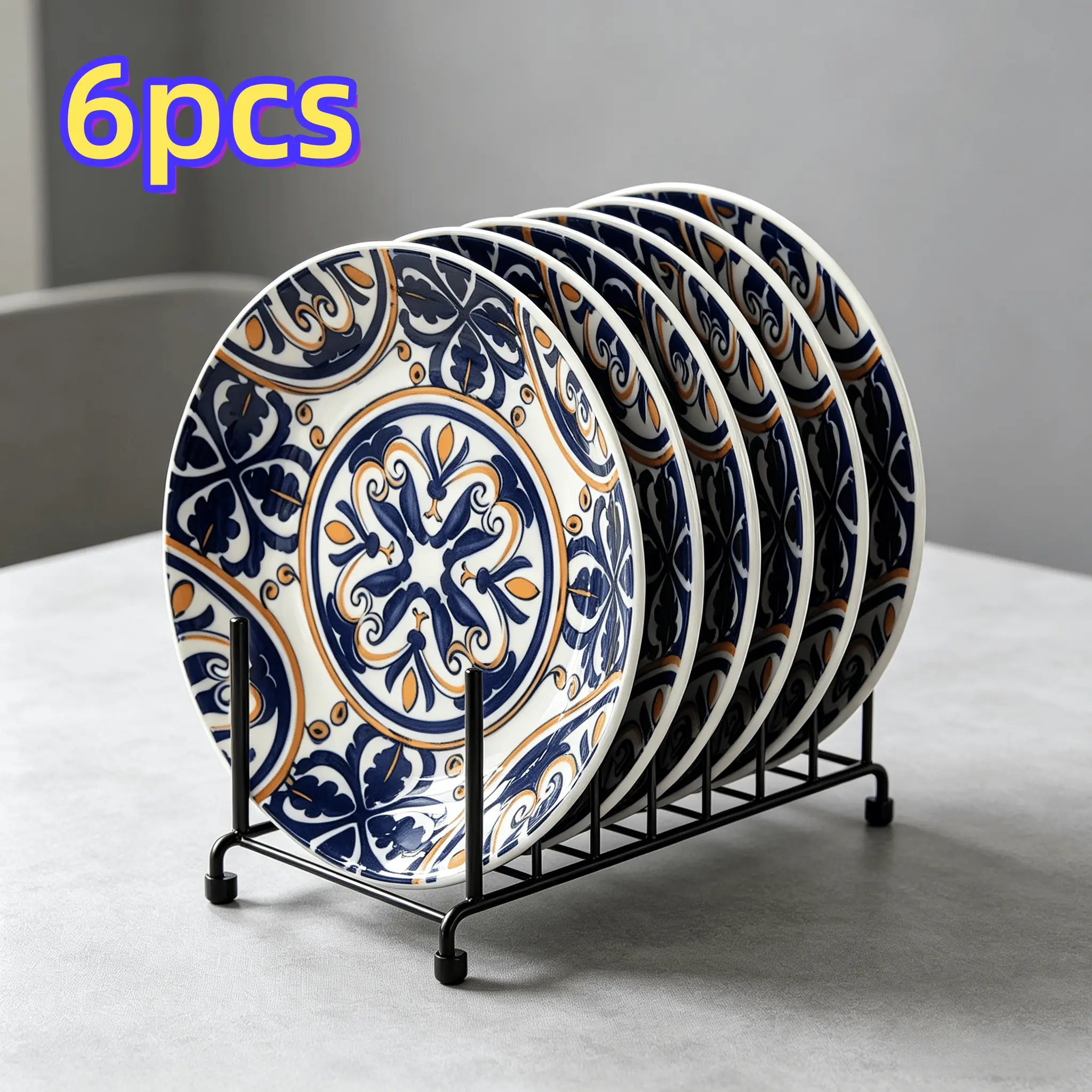 6pcs Vintage Mediterranean Ceramic Dinner Plates, Blue & Orange Floral Pattern Round Serving Plates