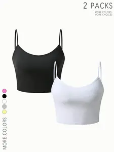 Women's 2-Pack Crop Cami Tops, Slim Fit Solid Spaghetti Strap Sleeveless Tank Tops, 2026 TikTok Viral Y2K Cropped Camisole for Teen Girls & Women, Trendy Basic Layering Undershirts, Soft Form-Fitting Tops for Daily, Workout & Streetwear