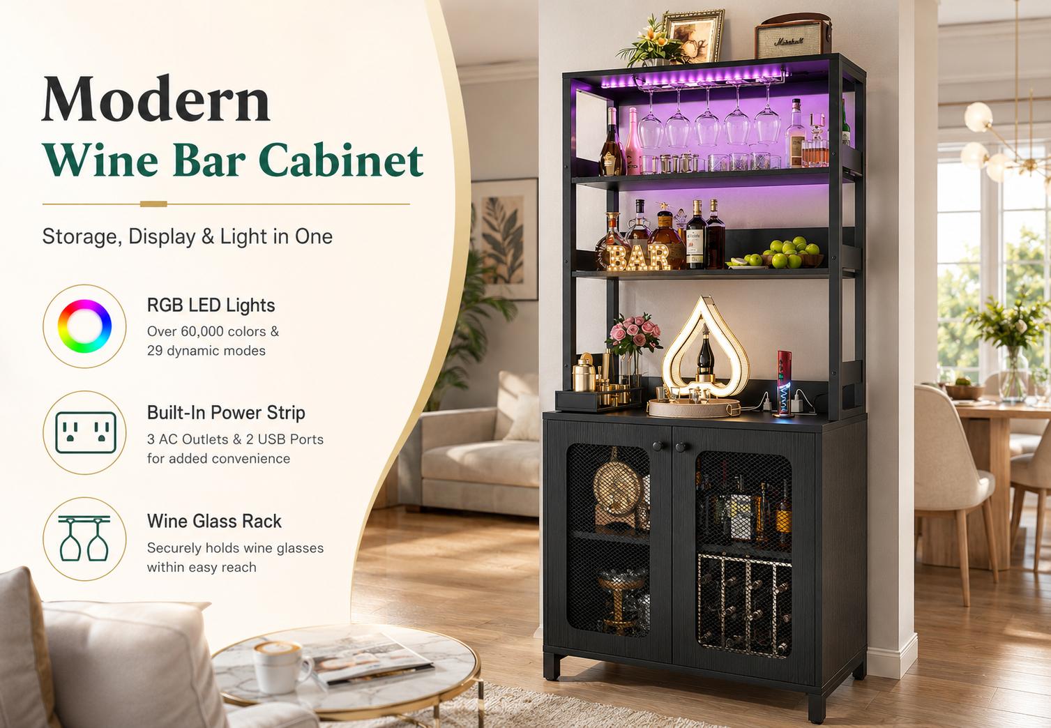 67" Tall Wine Bar Cabinet with RGB LED Lights & Charging Station, Coffee Bar Cabinet Home Bar liquor Cabinet for Home with Hutch ＆ Glass Holder,dorm essentials,home decor