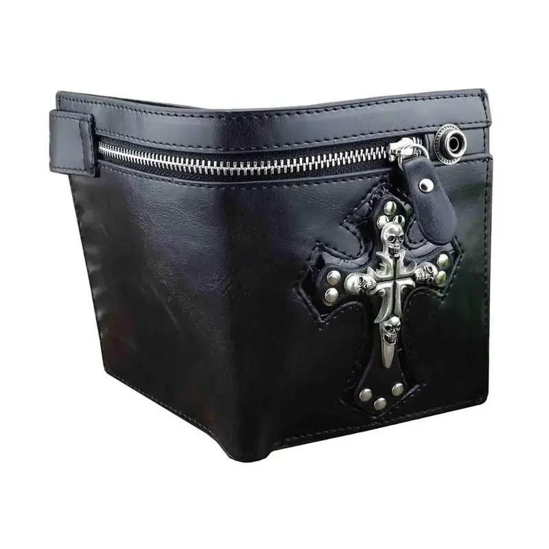Men's Gothic Cross Clasp Leather Wallet with Antique Biker Chain