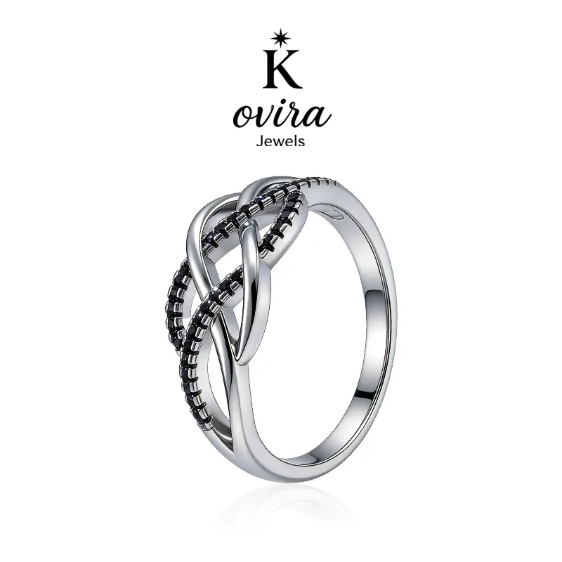 S925 Sterling Silver Jewelry Ring for Women, Minimalist Trendy Infinity Twist Band with Black Artificial Zircon, Stackable Wedding Promise Rings, Artificial Zircon Rings
